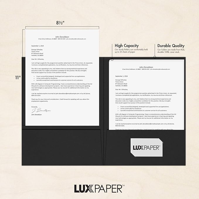 LUXPaper 9" x 12" Presentation Folders | Two Pocket | Midnight Black | 100lb. Cover | 10 Qty