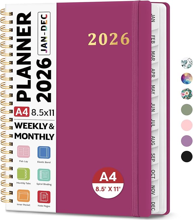 2026 Planner 8.5" x 11", Weekly and Monthly Calendar Planner Book, January 2026 - December 2026, Hardcover Spiral Planner with Monthly Tabs, Notes Pages, Perfect for Women & Men, A4 - Raspberry