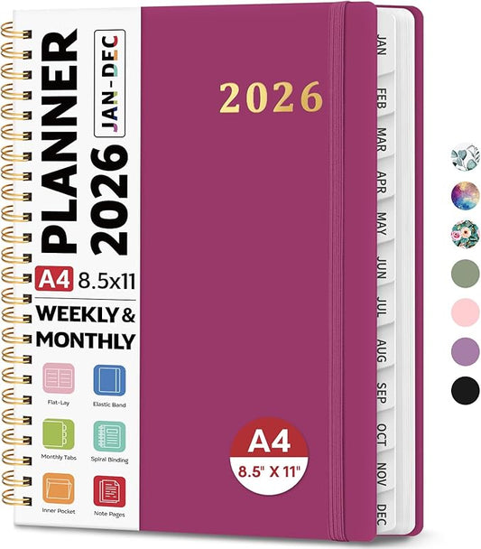 2026 Planner 8.5" x 11", Weekly and Monthly Calendar Planner Book, January 2026 - December 2026, Hardcover Spiral Planner with Monthly Tabs, Notes Pages, Perfect for Women & Men, A4 - Raspberry