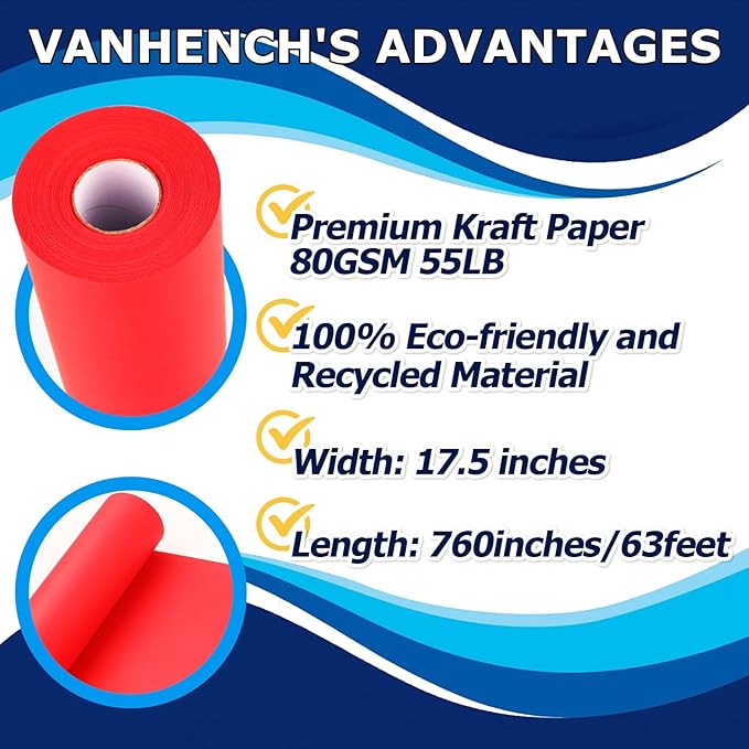 Vanhench Red Wrapping Paper Roll 17.5" x 760" (63') for Women Men Kids Girls, Solid Color Art Kraft Craft for Wedding, Birthday, Mothers Day Gifts, Bouquet Flower Poster Bulletin Board