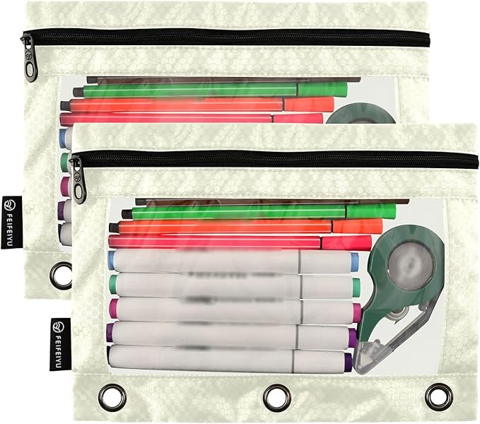Gredecor Binder Pencil Pouch 3 Ring Beige Zipper Pencil Pouches Case 2 Pack Clear Binder Organizer for School Office