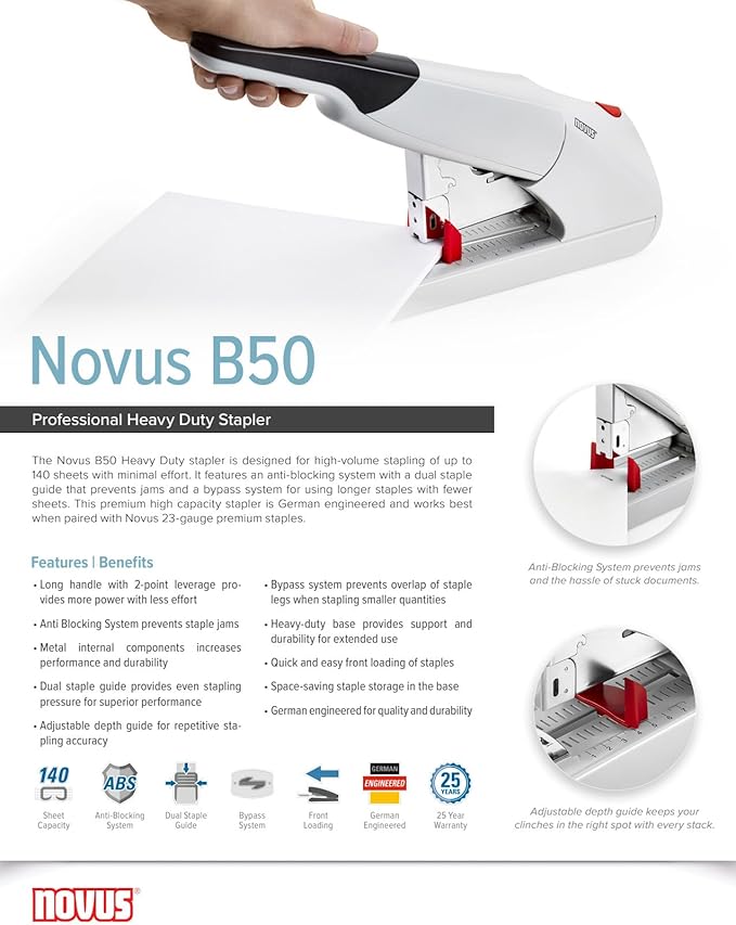 Novus B50 Heavy Duty Stapler, 140 Sheet Capacity, Anti-Jam, 3" Stapling Depth w/Adjustable Guide, Staple Bypass, German Engineered (023-0060)
