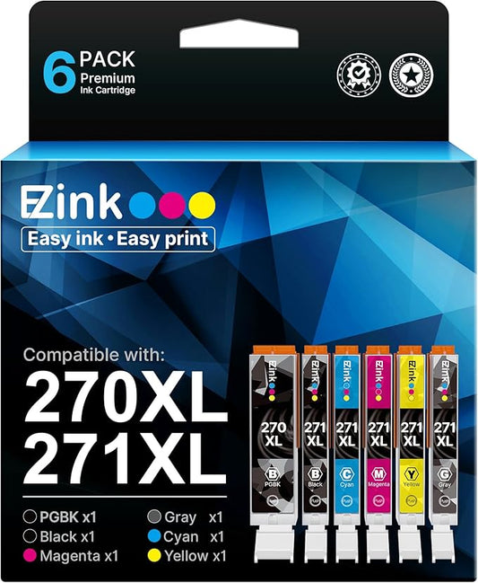 E-Z Ink 270 271 XL Ink Cartridges Compatible for Canon PGI-270XL CLI-271XL 6 Color Value Pack, use with TS9020 MG7720 TS8020 MG5720 MG5721 MG5722 MG6820 MG6821 MG6822 TS5020 TS6020 Printer
