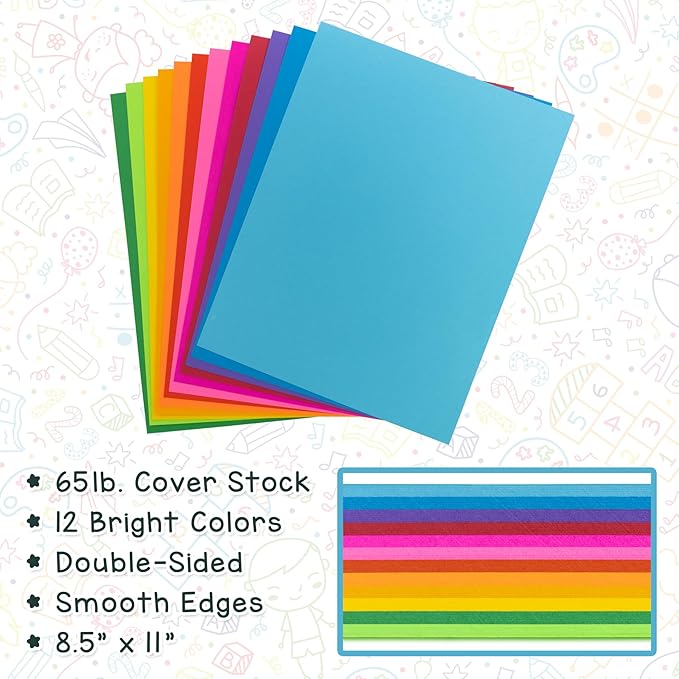 Hygloss Bright Colored Cardstock - 8.5x11-Inch, 12 Assorted Colors, 96 Sheets, 65 lb/ 176 gsm, Fade-Resistant, Acid-Free Color Card Stock Paper