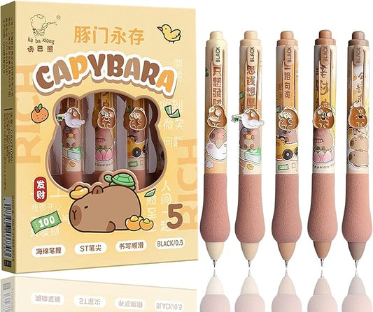 Cute Gel Pens 5Pcs Retractable Quick Dry Ink Pens 0.5mm Fine Point Black Ink Kawaii Smooth Writing Pens for School Office Supplies Aesthetic pretty pens (Cute Capybara)