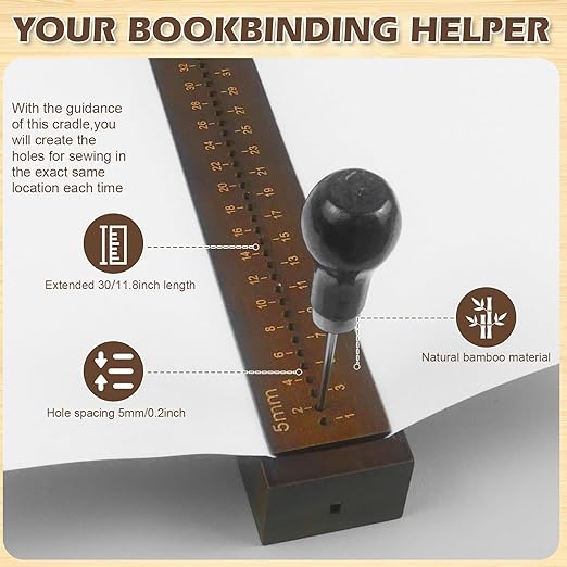 Brown Book Binding Cradle, 5 mm Hole Spacing Wood Bookbinding Punching Cradle with an Awl, Bamboo Signature Punching Cradles with Piercing Guide, Portable Book Binding Tools Kits for Book DIY Crafts