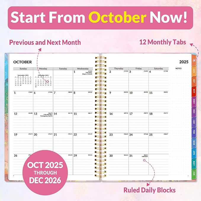 SUNEE 2026 Weekly and Monthly Planner - from January 2026 - December 2026, 8.5"x11" Daily Agenda Planner with Monthly Tab, Flexible Cover, Note Pages, Pockets, Bookmark, Spiral Binding, Pink Marble