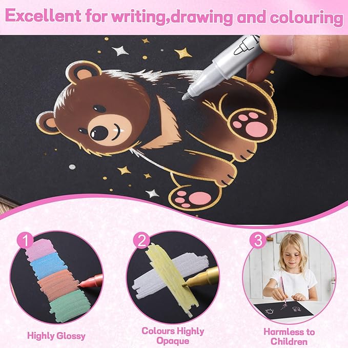 24 Pack Metallic Markers, Dual Tip Glitter Pens for Black Paper & Rock Painting Metallic Acrylic Paint Markers for DIY Crafts, Scrapbooking, Glass, Wood, Cards Alcohol Based Quick Dry Ink