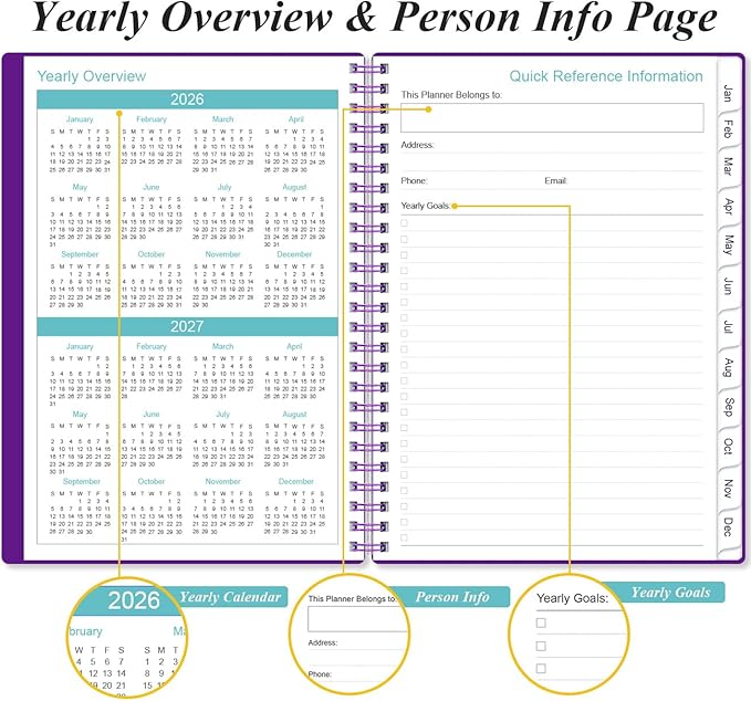 2026 Planner - Planner 2026 from January 2026 - December 2026, Weekly & Monthly Planner Spiral Bound with 12 Monthly Tabs, Inner Pocket, 6.4" x 8.5", Purple-B