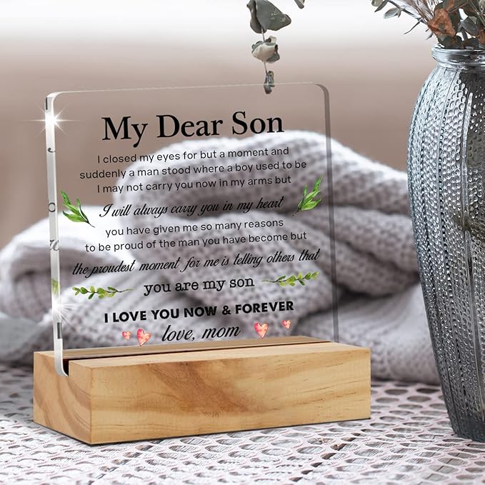 Mom's Gift to My Son: Acrylic Desk Plaque Sign with Wood Stand for Home Office