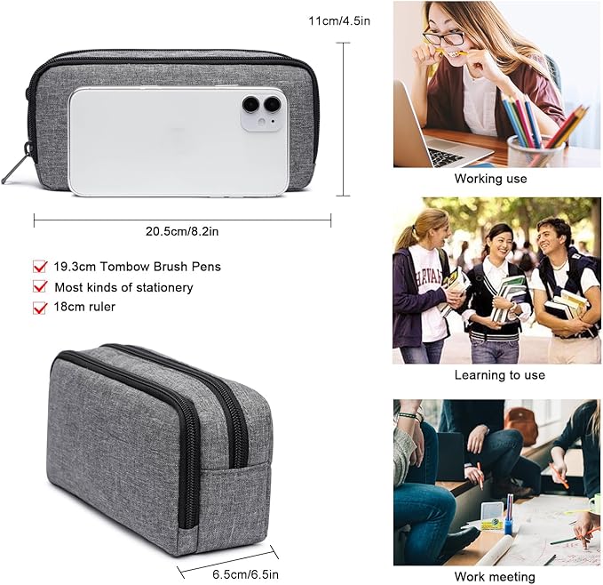 Big Capacity Pencil Pen Case Nylon Large Pencil Pouch Simple Stationery Bag Office Organizer Pen Bag for Men Women - Grey