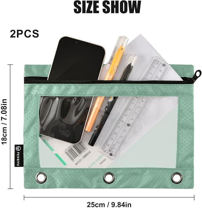 Gredecor Binder Pencil Pouch 3 Ring Sage Green Zipper Pencil Pouches Case 2 Pack Clear Binder Organizer for School Office