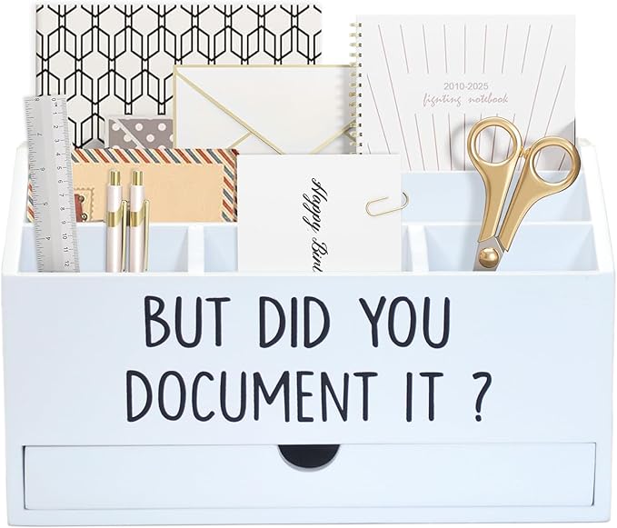 Wooden White Rustic Countertop Mail Storage Holder with Drawer and Compartments - Office Desk Accessories and Workspace Organizers - Desktop Sorter for Pen Stationery Letter Files Documents