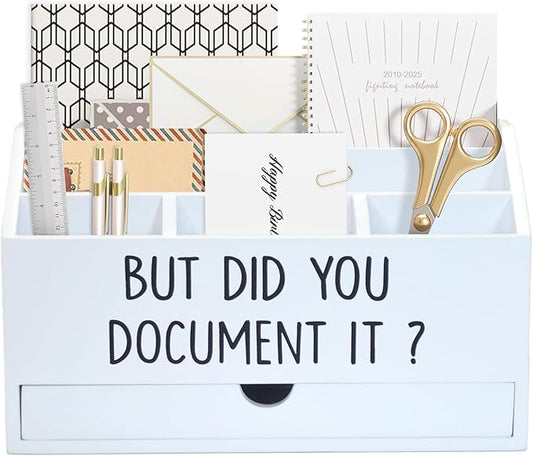 Wooden White Rustic Countertop Mail Storage Holder with Drawer and Compartments - Office Desk Accessories and Workspace Organizers - Desktop Sorter for Pen Stationery Letter Files Documents