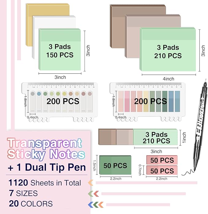 Transparent Sticky Notes,1120 Sheets Clear Sticky Notes with Pen, Waterproof Annotation Kit, Self-Adhesive Translucent Writable Index Tabs for Annotation Books, Bible Journaling Study Office School