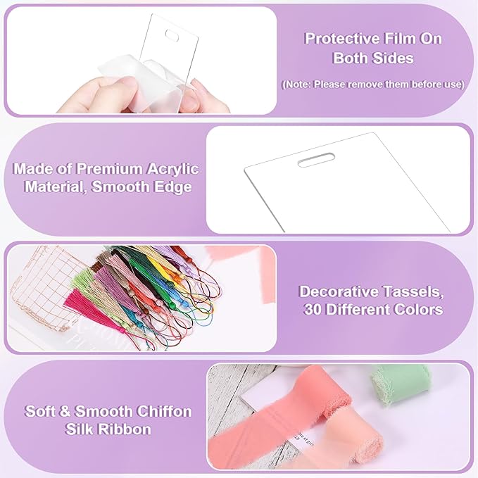 100 Pieces Acrylic Bookmark Blanks, Clear Acrylic Bookmarks with 30 Pieces Tassels and 4 Rolls Chiffon Silk Ribbon, Transparent DIY Bookmarks for Book Lover Crafts Present Tag Reading Accessories