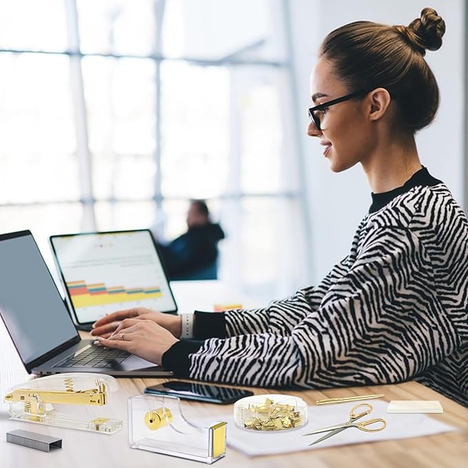 Gold Office Supplies,UPIHO Gold Desk Accessories,Stapler and Tape Dispenser Set with Large Stapler,Tape Dispenser, Staple Remover, Staples, Clips,Scissor,Pen and Sticky Notes,Gifts for Office Clerks