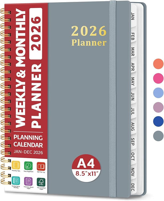 2026 Planner, Weekly and Monthly Calendar Planner, January 2026 - December 2026, Hardcover 2026 Calendar Planner Book with Tabs For Women & Men, Inner Pocket, Spiral Bound, Perfect for Office Home School Supplies - A4 (8.5" x 11"), Stone Gray