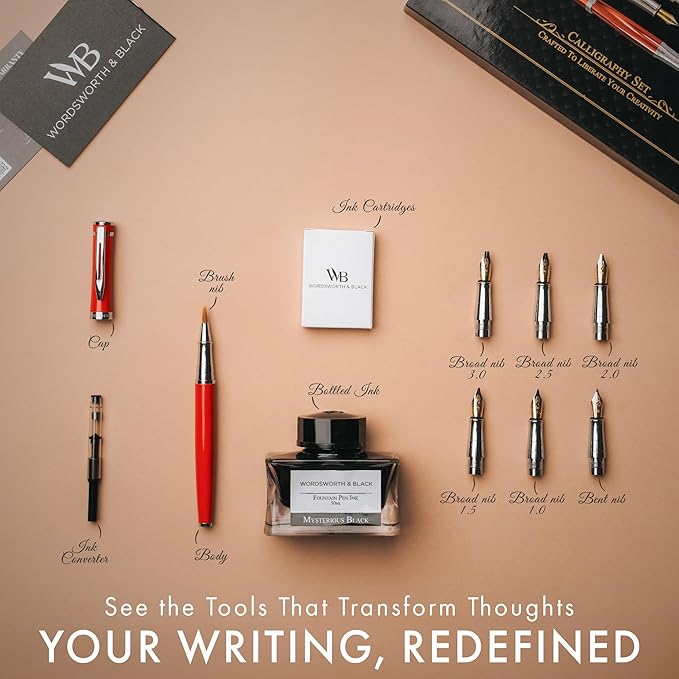 Wordsworth & Black Calligraphy Pen Gift Set, Includes Bottle, 6 Cartridges, Refill Converter, 6 Replacement Nibs, Premium Package, Journaling, Smooth Writing Pens [Red Chrome]