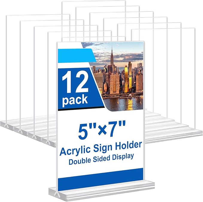 5x7 Acrylic Sign Holder, 12 Pack Vertical Plastic Signs Frame Table Top Display, Double Sided Display Flyer Holder Menu Holders Clear Stand for Office Store Show Fair
