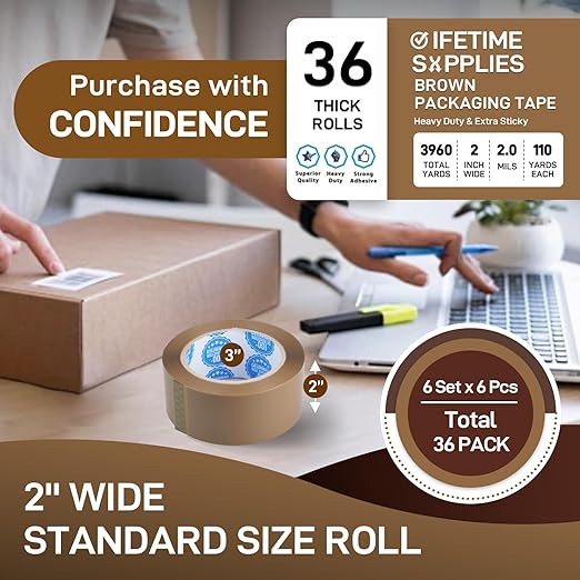 2Inch Brown Packing Tape, 2.0 Mils 110 Yards - High Tensile Strength for Shipping, Moving Boxes Sealing & Packaging, Superior Hold and Tear Resistance