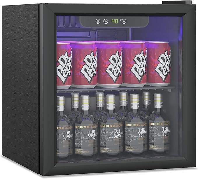 Compact Beverage Refrigerator,60 Can/1.3 Cubic Feet Mini Fridge with Glass Door for Soda, Beer, or Wine, Under Counter Small Refrigerator with Adjustable Shelves and Digital Display