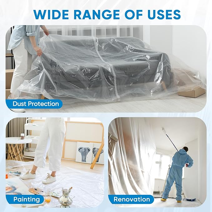 TICONN 12 x 9 Ft Plastic Drop Cloth for Painting, Waterproof Painters Plastic Sheeting, Painting Tarp for Furniture Cover, Floor Protection (6PK, 0.5Mil)