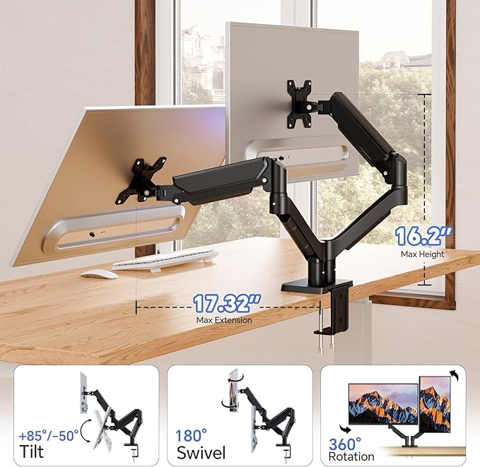 Dual Monitor Mount for Desk, Adjustable Monitor Desk Mount Swivel Vesa Bracket with C Clamp, Computer Monitor Arm Up to 32 Inches, Black