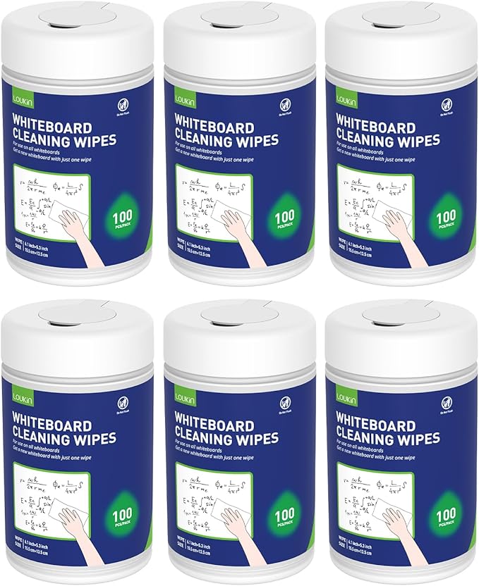 Loukin Whiteboard Cleaning Wipes, Dry Erase Board Cleaning Wipes, Non-toxic White board Wipes, 100 Wipes per Canister, 6 Pack
