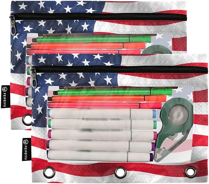 Waving USA American Flag Pencil Pouch for 3 Ring Binder, 2 Pack Waterproof Pencil Bags Clear Window Zipper School Office Supplies