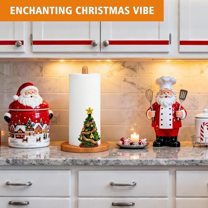 GAJ Christmas Decorations Paper Towel Holder Countertop, 3D Christmas Tree Kitchen Counter Decor, Cute Resin Wooden Stand for Bathroom&Home Indoor Table, Winter Xmas Gift for Women, Housewarming Gifts