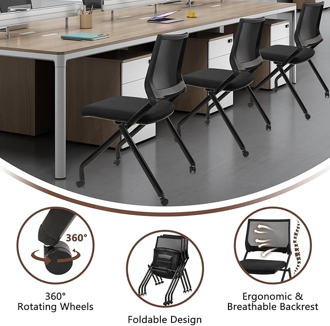 CLATINA Stackable & Foldable Conference Room Chairs, Waiting Room Chairs with Wheels & Lumbar Support, Ergonomic Mesh Bouncing Back Folding Chair for Office Meeting Schools Training Room, Black 20pk