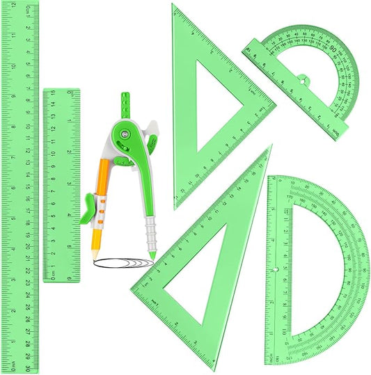 Zonon 1 Set Plastic Geometry Math Set 7 Pcs Includes 6'' / 4 '' Protractor, Drawing Compass, 45/60 Degree Triangle Rulers, 12'' / 6'' Math Ruler Transparent for Office Supplies(Green)