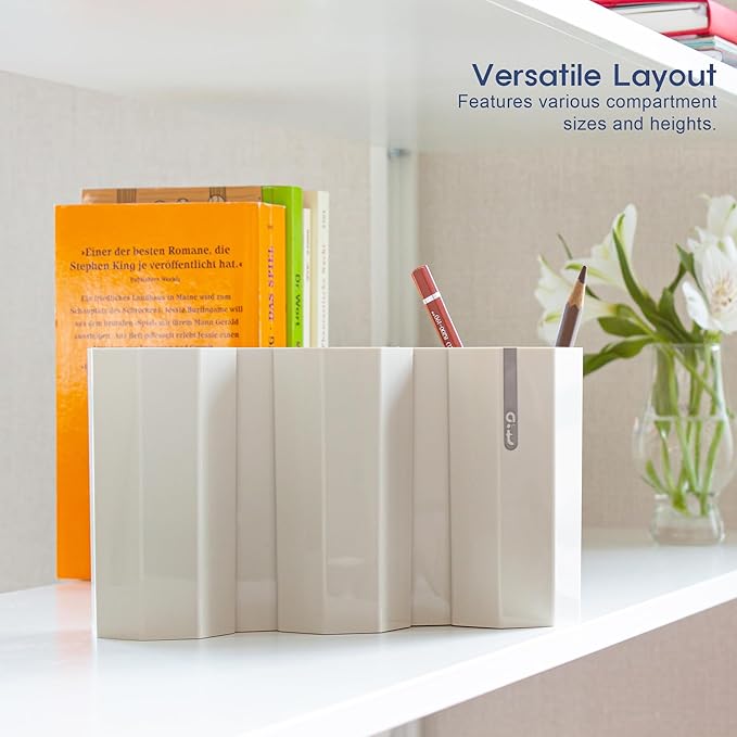 AonT Design Small Desk Organizer - Beige Pen Tray & Holder (Multi-Compartment) (Made in Korea) – Modern Office Storage Supplies Organizer and Aesthetic Decor for Accessories