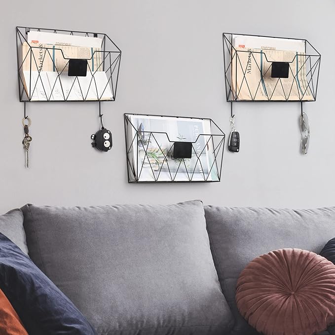 YBING Wall File Organizer for Office Hanging Wall File Holder and Basket Set of 3 Hanging File Rack with Hooks Metal Wall Storage for Office Living Room Black