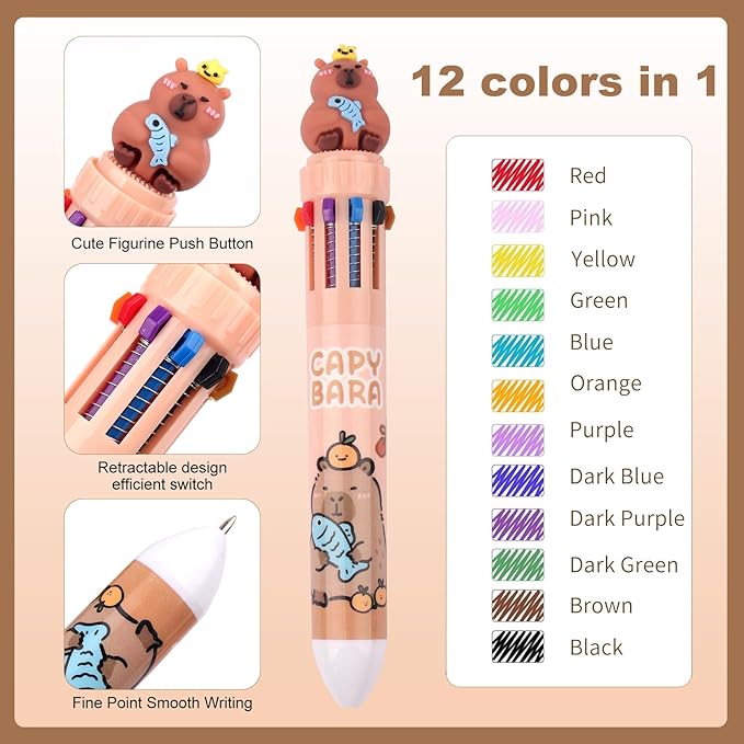 Adorable Capybara Stationery Set, Girls' Stationery Set Includes Pencil Case, Multi-Color Pens, Stickers, Pins, Notebook, Stamps. Perfect Cute Birthday Gift for Kindergarten and Elementary School.