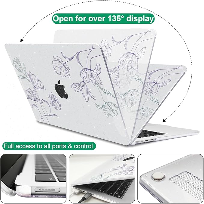 Case Compatible with MacBook Air 13.6 inch 2025 2024 2023 2022 M4 M3 M2 A3113 A2681 A3240 Cover with Touch ID, Pattern Plastic Hard Shell Case for MacBook Air 13 M4 2025, Purple Line Flower