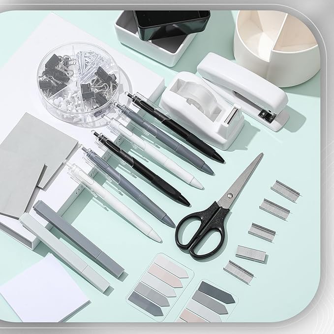 Kosiz 27 Pcs Black White Desk Accessories Aesthetic Desk Organizer Neutral Office Supplies Pen Holder Stapler Binder Sticky Notes Paper Clips Scissor Staples Aesthetic Accessories for Women(Classics)