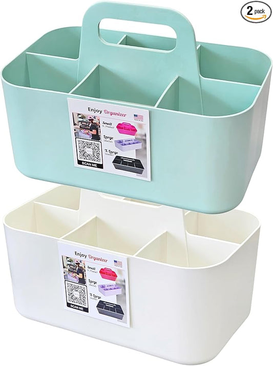 2 Pack Small 6 Compartment Multiuse Caddy Organizer with Handle Art Craft Supplies, Office, Desk, Stationery Pen Holder Stackable- Made In USA (Mint/Ivory)