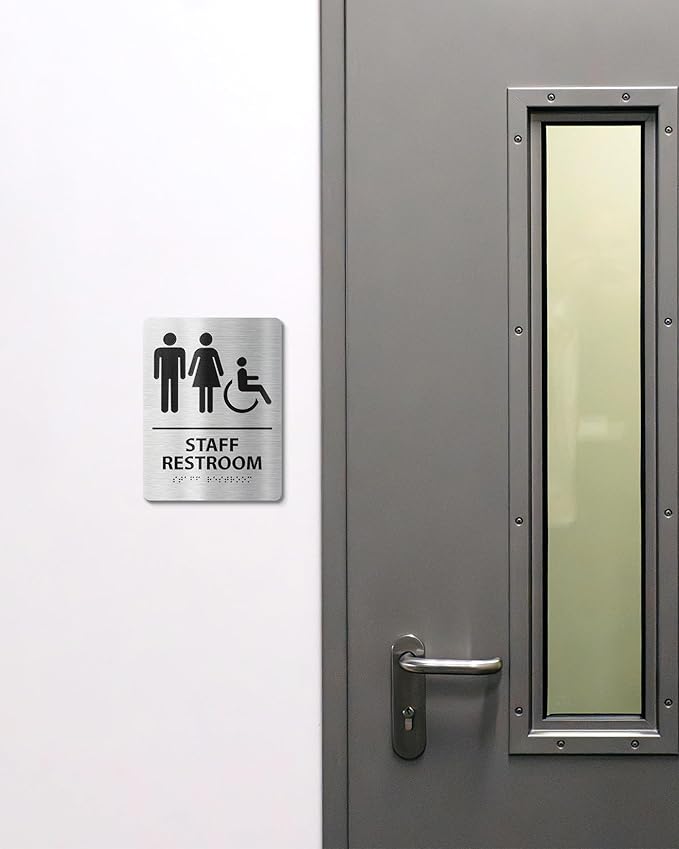 ADA-Compliant Employee Only Restroom Sign with Braille – Modern Aluminum Staff Bathroom Door Sign for Offices, Restaurants, Retail Stores, and Workplace with Easy Installation - 6" W x 8" H