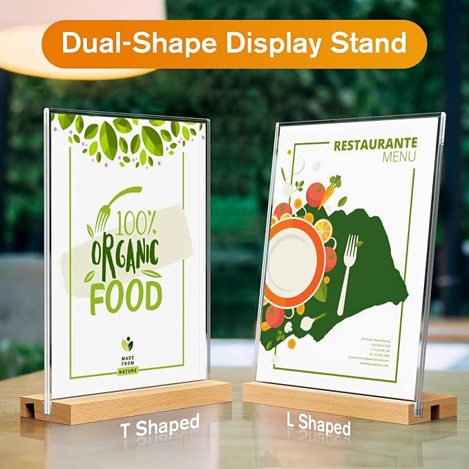 MaxGear L/T Shape Acrylic Sign Holder, 8.5 X 11 Clear Table Display Stand with Wooden Base, Flyer Menu Holder Photo Frames Paper Stand for Office, Wedding, Restaurants, Hotels 6 Pack
