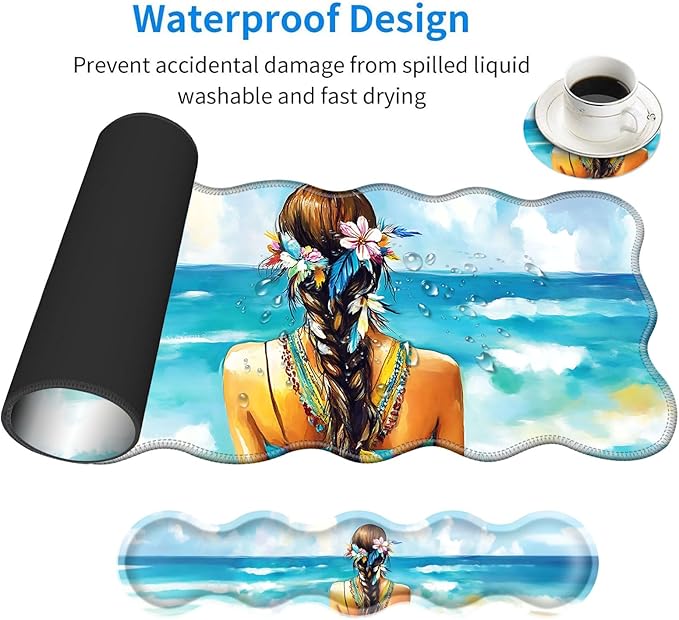 Large Mouse Pad and Keyboard Wrist Rest, Desk Pad for Keyboard and Mouse, 4-in-1 Large Gaming Mouse Pad with Wrist Support, Desk Mat for Home Office Study Game-Girl with Floral and Feather