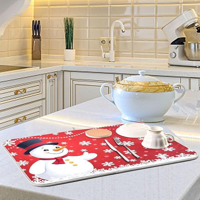 Christmas Snowflakes Snowman Dish Drying Mat 16 X 18 Inch Xmas Snowmen Winter Santa Dry Dishes Pads Tableware Mats Protector for Kitchen Countertops Counter Home Decorations