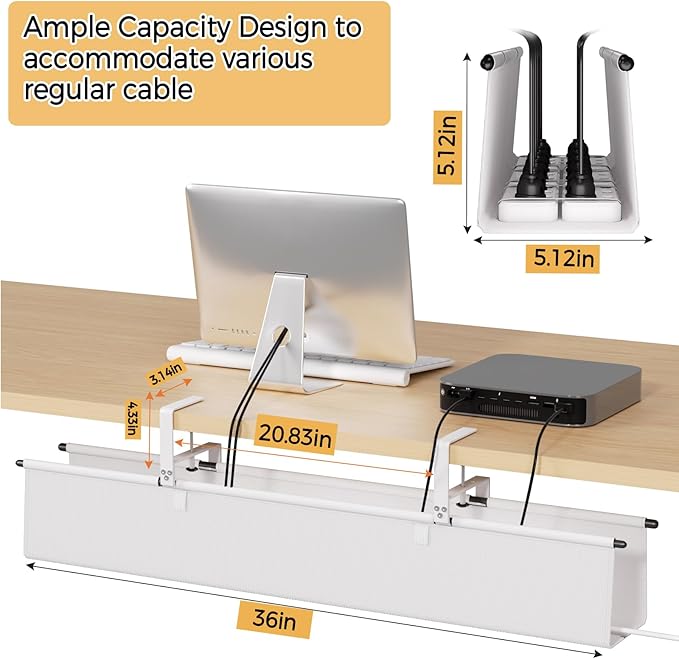 Under Desk Cable Management Tray - 36" Cord Organizer for Desk No Drill, Fabric Under Table Wire Organizer with 16X Cable Ties Hide for Office/Home, Cord Hider Fits Adapters & Sockets, White