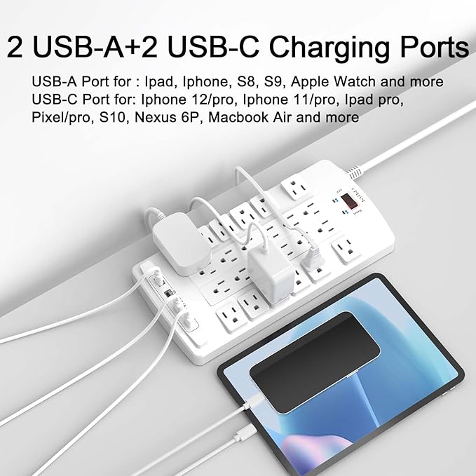 QINLIANF Surge Protector Power Strip - 10Ft Flat Plug Heavy Duty Extension Cord with 24 Outlets and 4 USB Ports(2 USB-C Ports), 1875W/15A, 4100J, for Home, Office, Dorm, ETL Listed, White