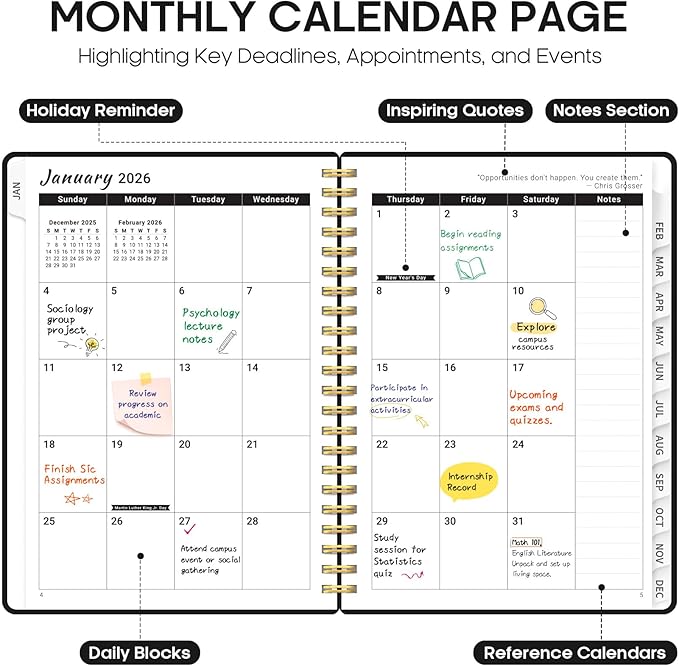 2026 Planner, Weekly and Monthly Calender Planner, Jan 2026 to Dec 2026, Hardcover 2026 Calendar Planner Book with Tabs & Inner Pocket, Office Home School Supplies for Women & Men - A5 (6.3" x 8.5"), Black