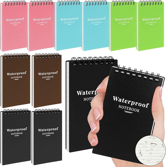 12 Pack Waterproof Pocket Notebooks, 3x5 Small Notepads, Mini Top Spiral Notebook, Lined College Ruled Paper, Tiny Memo Pads for Home, Office, Work, School, or Travel