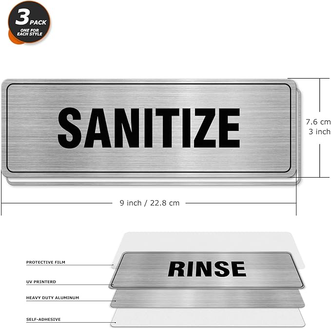 Wash Rinse Sanitize Sign Aluminum Silver 9 x 3 Inches Self-Adhesive Waterproof Metal Door Wall Sign for Business Offices 3 Pack