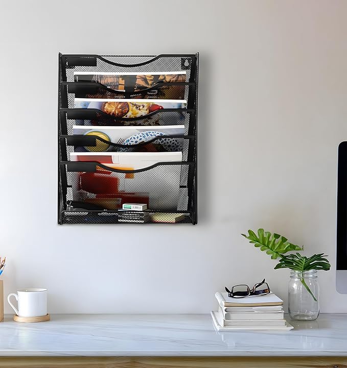 EasyPAG 5-Tier Wall File Holder, Mesh Hanging Folder Organizer with Classify Label, Versatile Desk File Organizer for Office Home , Vertical Wall Mounted Mail Paper Sorter, Easy Assembly, 2 Pack Black