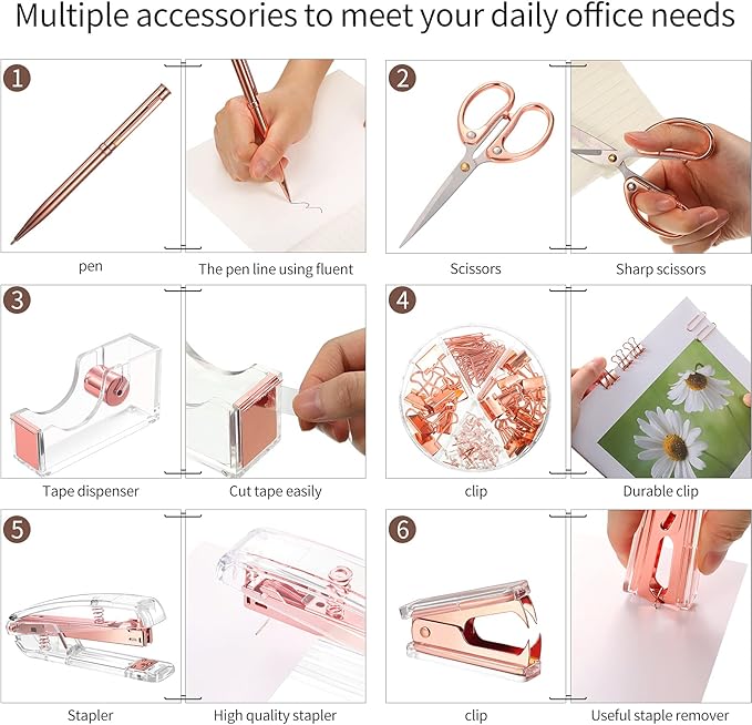 Office Supplies Set Desk Accessory Kit, Acrylic Stapler Set Staple Remover, Tape Dispenser, Binder Clips, Paper Clips, Ballpoint Pen and Scissor with 1000 Pieces 26/6 Staples (Rose Gold)
